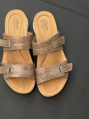 Clarks Collection Metallic Bronze Double Strap Slide Sandals